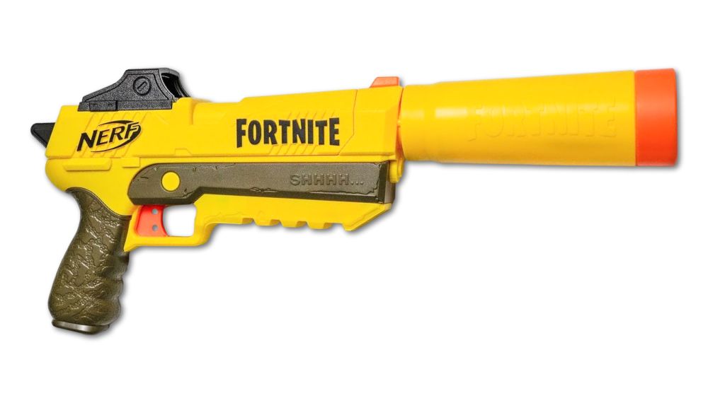 Fortnite SHHHH Nerf Gun. Yellow. WORKS!! With detachable silencer Tested